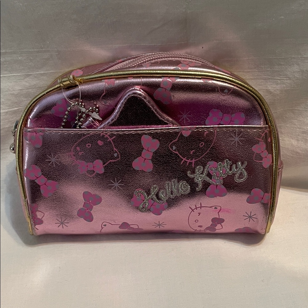 Hello Kitty Pink Metallic Cosmetic Pouch with Bow Print